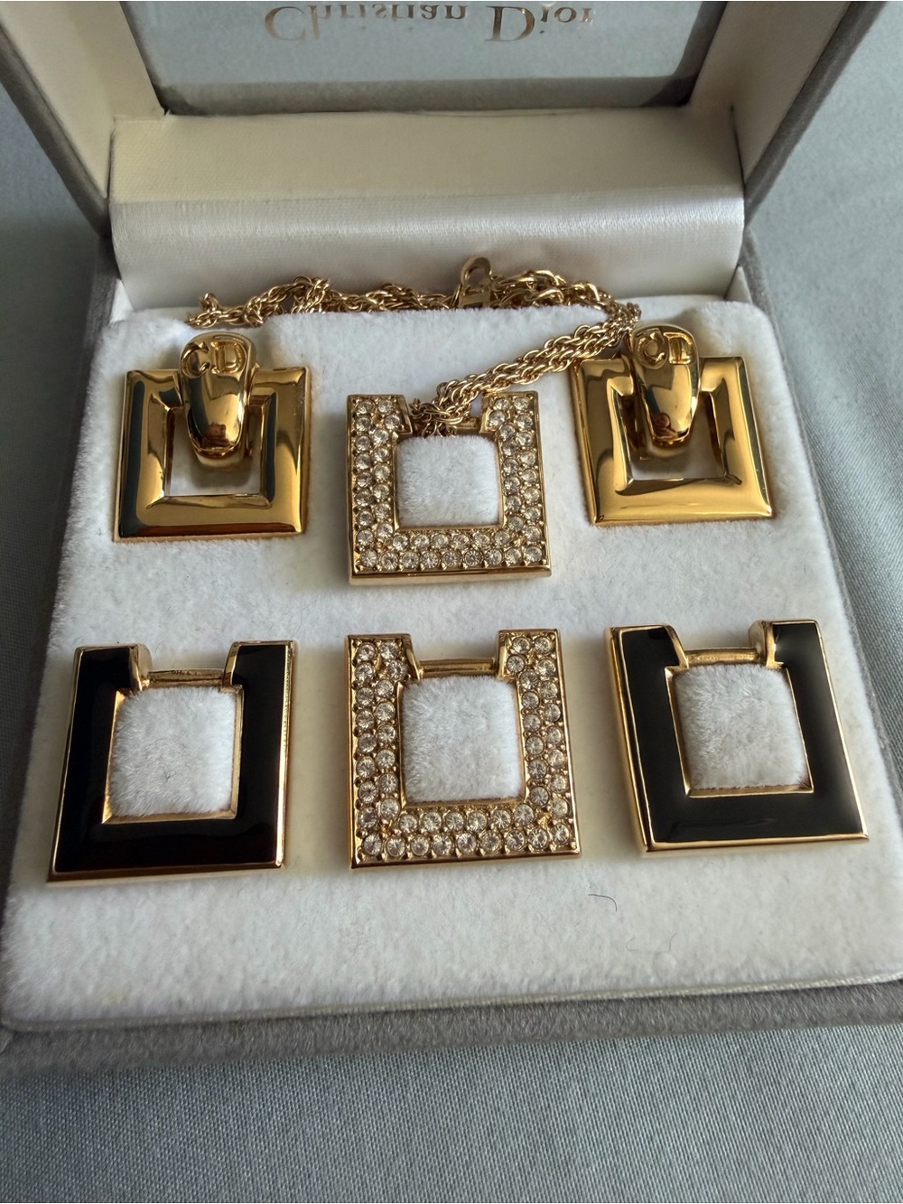 Dior Gold-Tone Square Pendant & Earring Set with Crystal Accents - Picture 2 of 6
